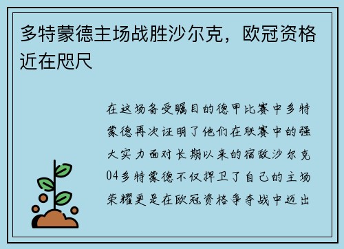 多特蒙德主场战胜沙尔克，欧冠资格近在咫尺
